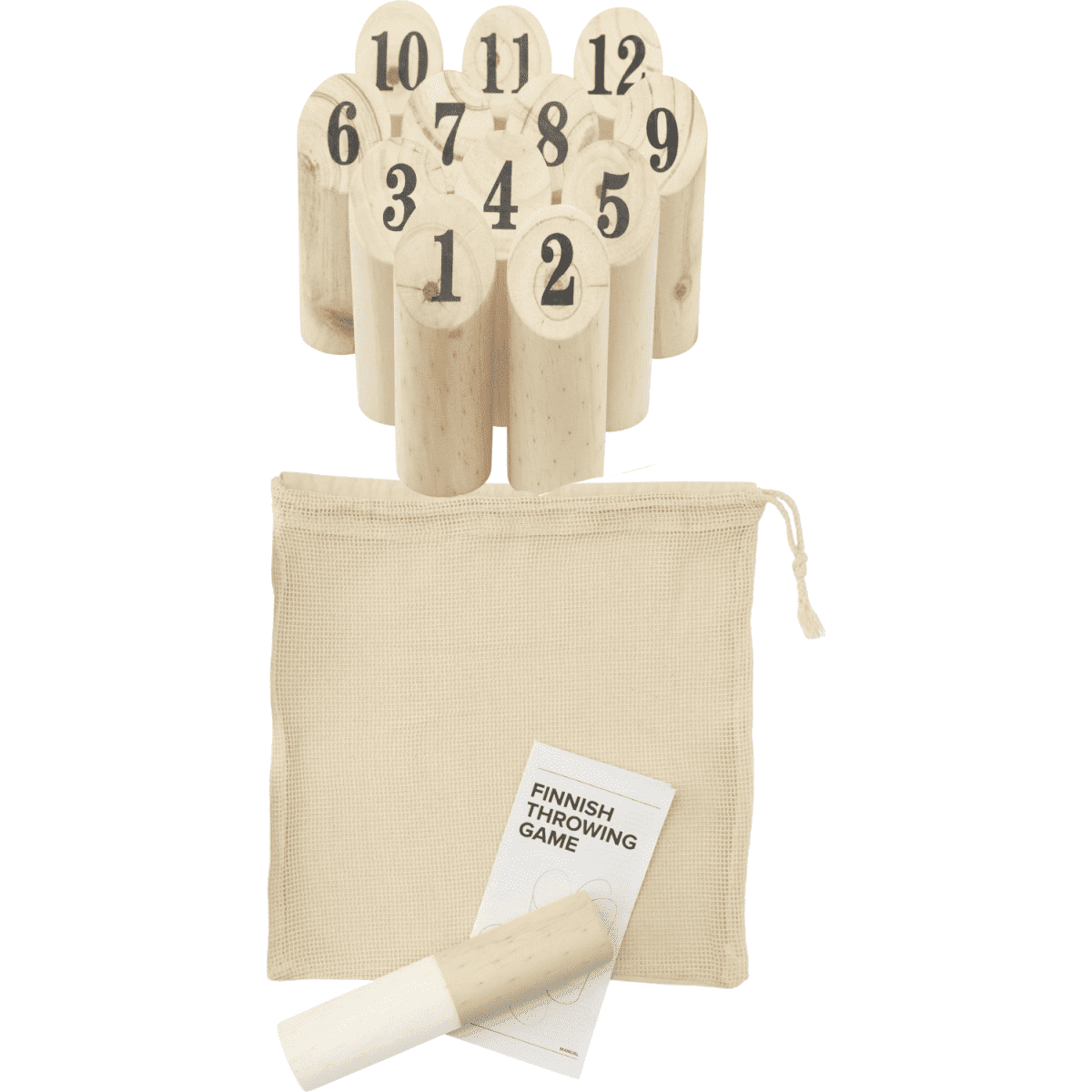 A set of wooden pins numbered 1 to 12, with a beige storage bag and a wooden throwing stick.