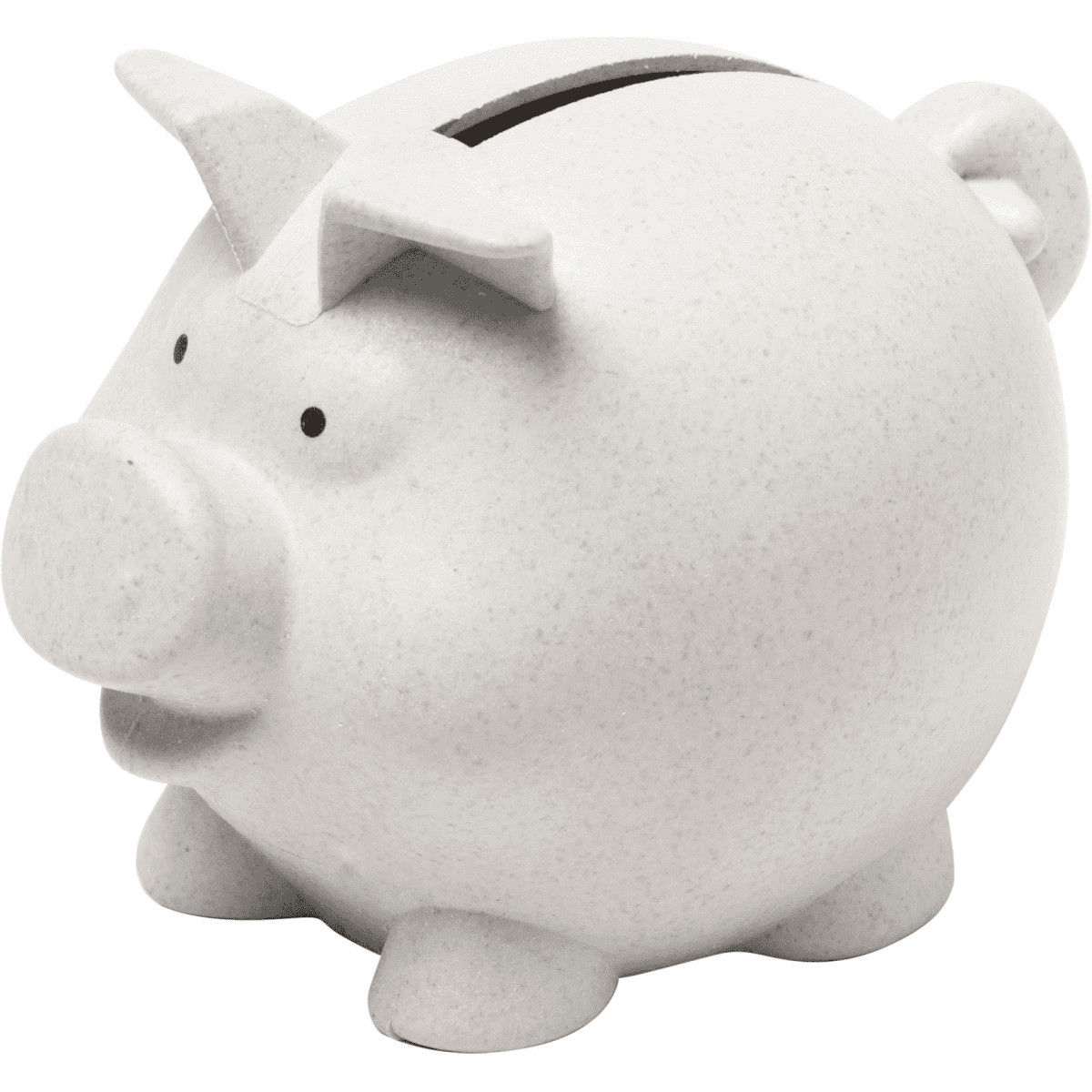 A white piggy bank with a smooth, rounded shape and small ears and feet, featuring a coin slot on top.