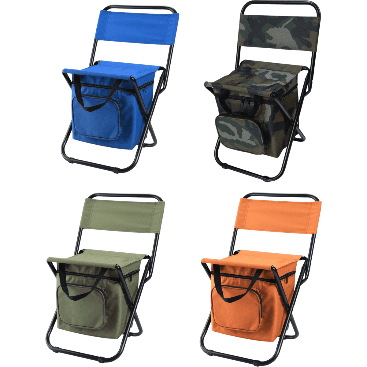 Four foldable camping chairs are displayed: blue, camouflage, green, and orange, each with a cooler bag attached.