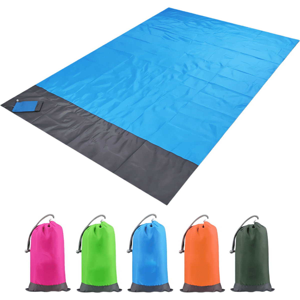 A blue polyester picnic blanket with a grey border, folded and stored in a colourful pouch with a carabiner.