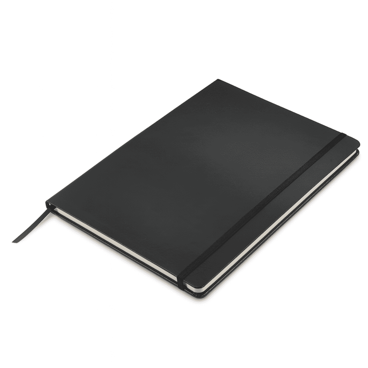 A black A4 hard cover notebook with an elastic strap and ribbon bookmark, featuring a branded logo.