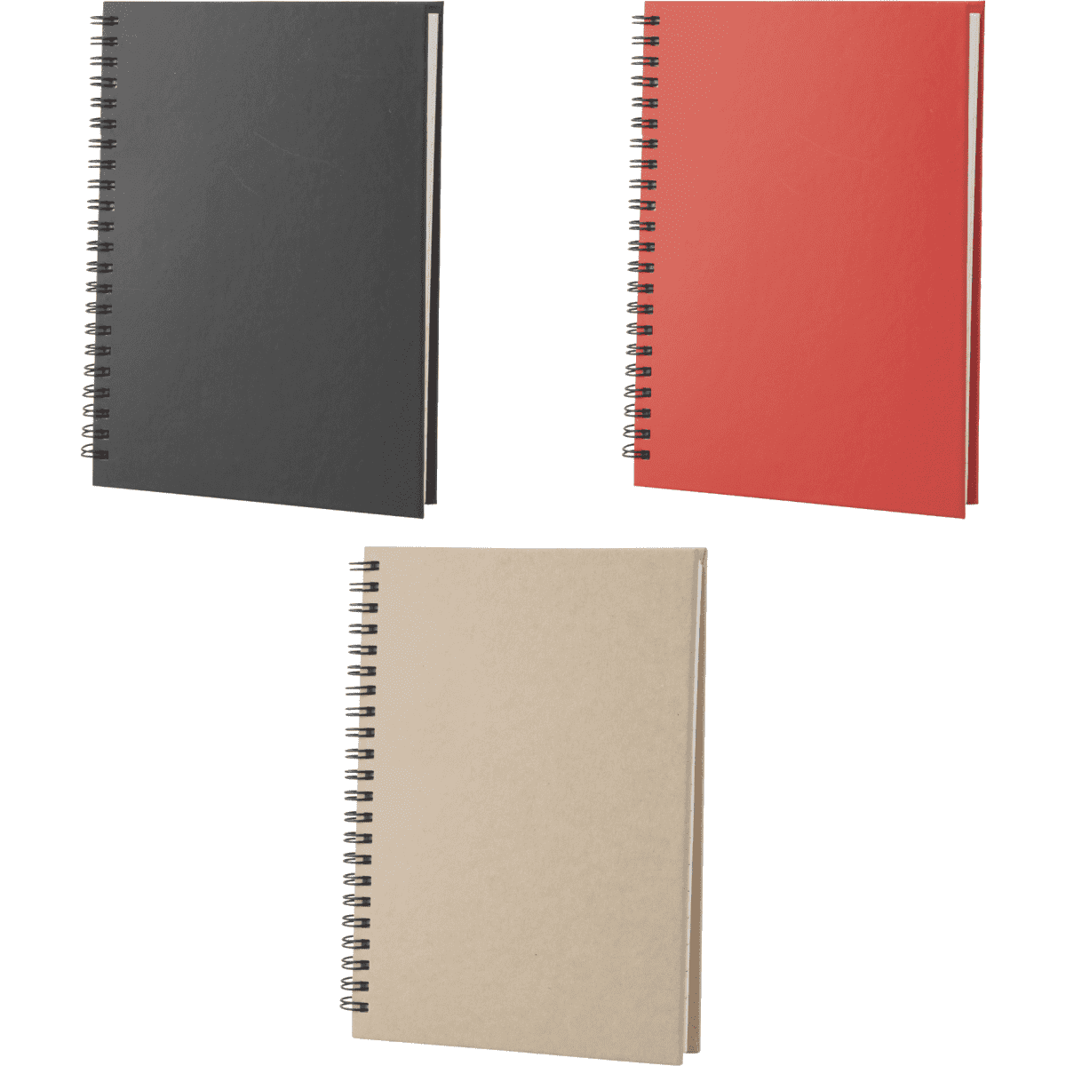 A set of three Gulliver A5 spiral bound notebooks in black, red, and beige, featuring a logo on the cover.