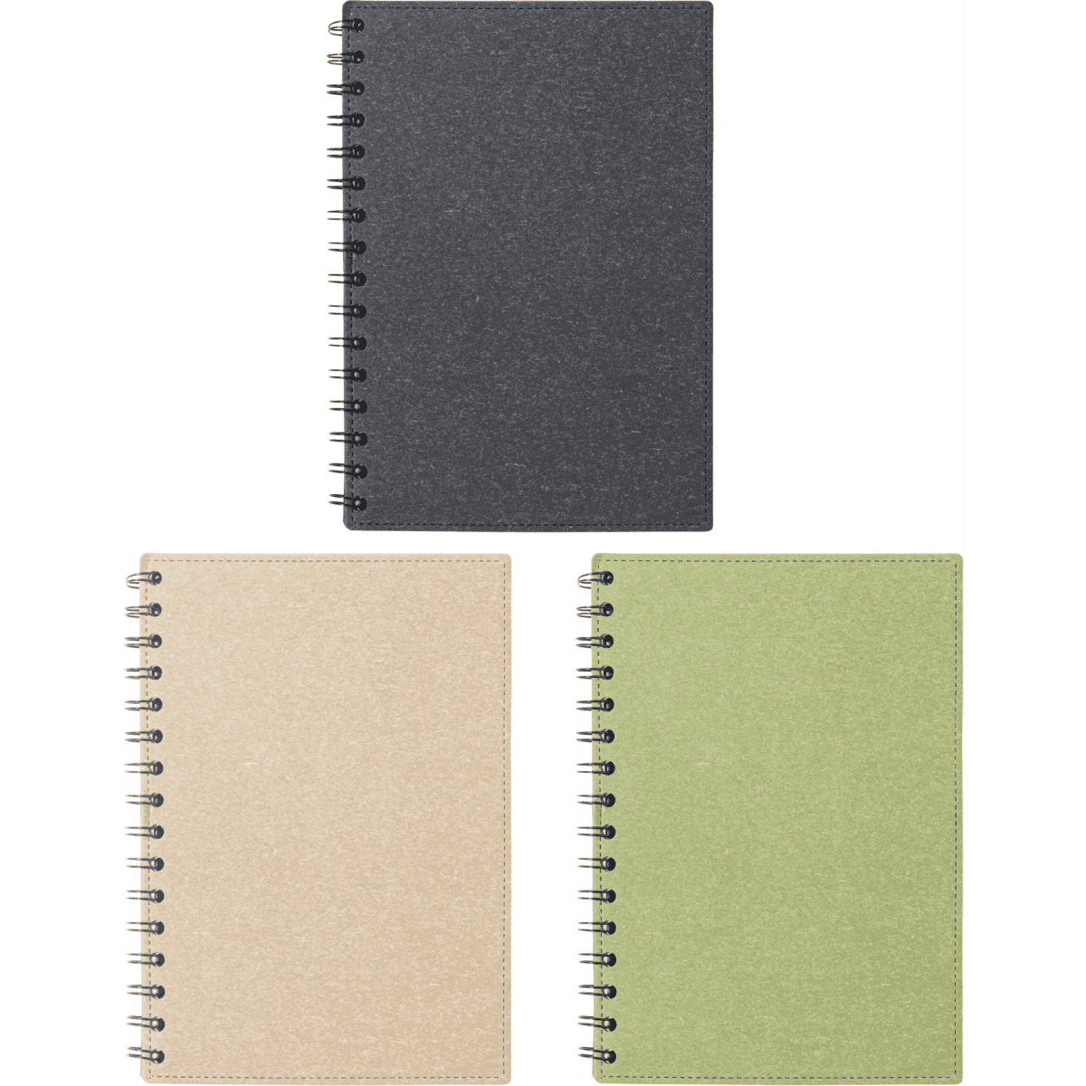 A set of three notebooks featuring black, beige, and green covers with spiral bindings, each displaying a simple design.