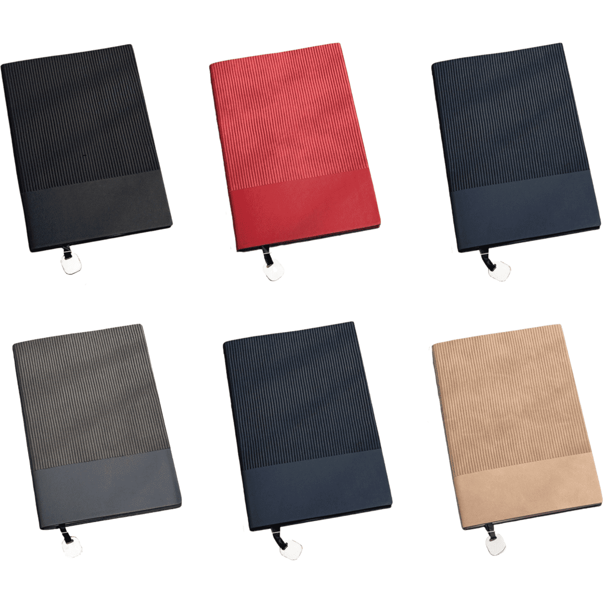 A collection of Bondi A5 Leather Notebooks in black, red, grey, navy, and beige with a textured design and logo.
