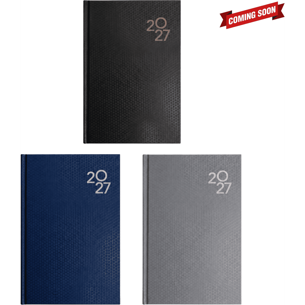 A set of three A5 diaries in black, navy, and grey, featuring a textured cover and a logo.