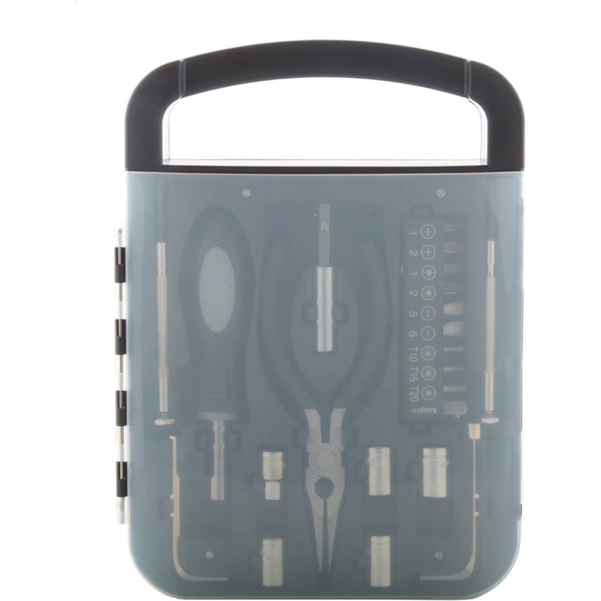 A 22-piece tool set in a grey carry case, featuring various tools including pliers and sockets. It has a handle and branding.