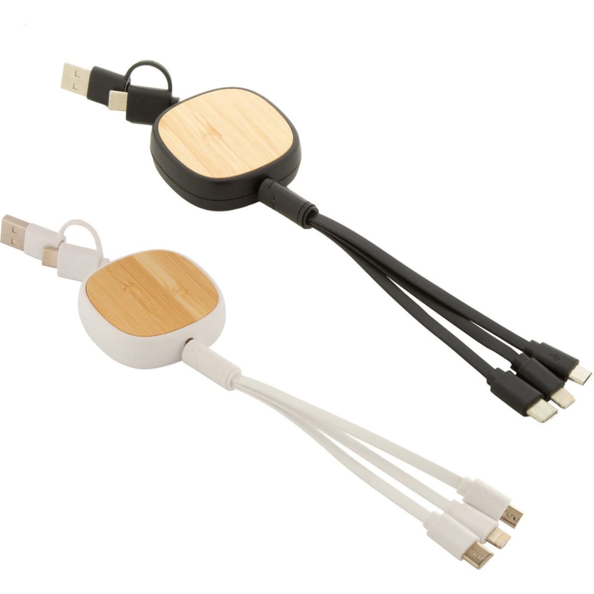 A USB charger cable set featuring telescopic design, with bamboo and recycled ABS in black and white colours.