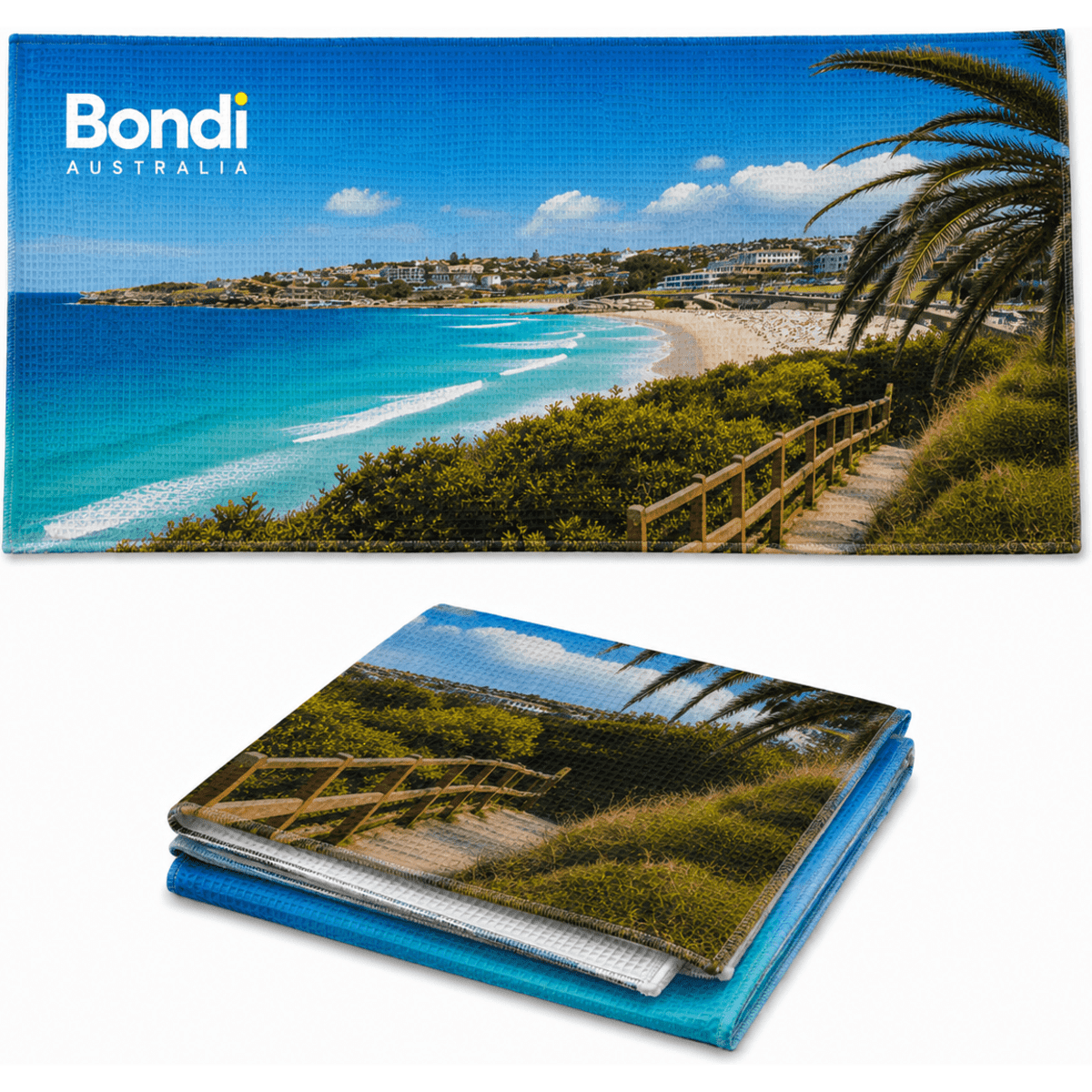 A sandless beach towel featuring a scenic Bondi Beach landscape with vibrant blue and green colours. It has a logo.