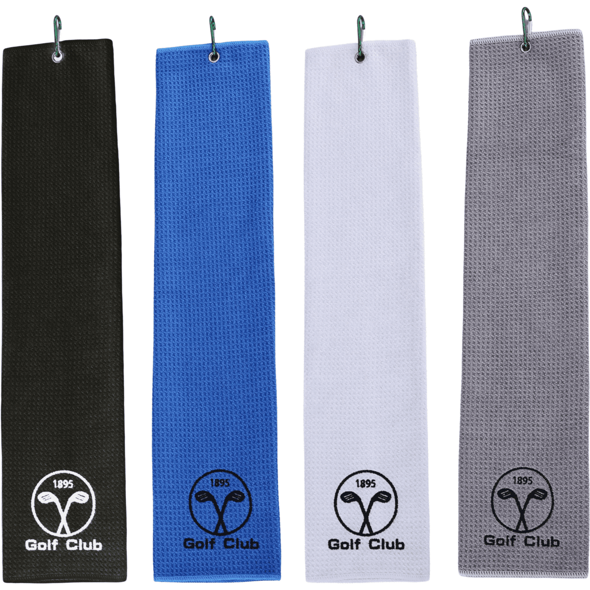 Four sandless golf towels in black, white, blue, and grey, each featuring a logo.