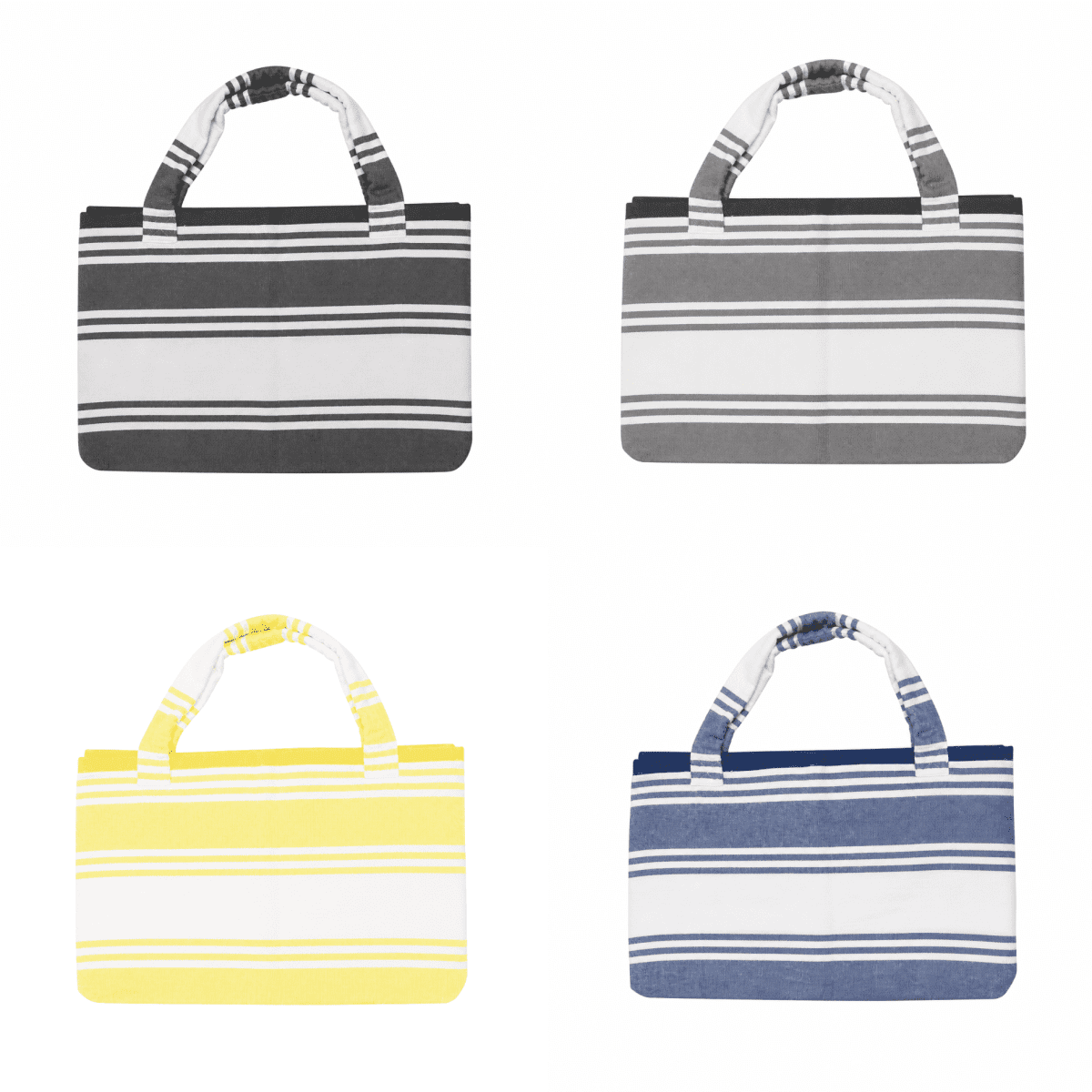 A collection of foldable beach towel bags in black, white, yellow, and navy blue, featuring striped designs and handles.