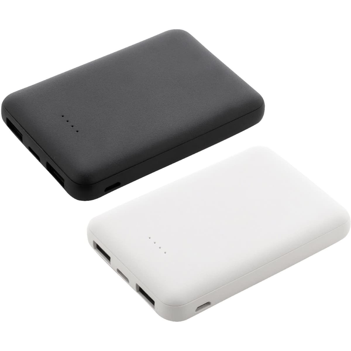 A black and a white power bank made from recycled ABS material, featuring ports and an indicator.