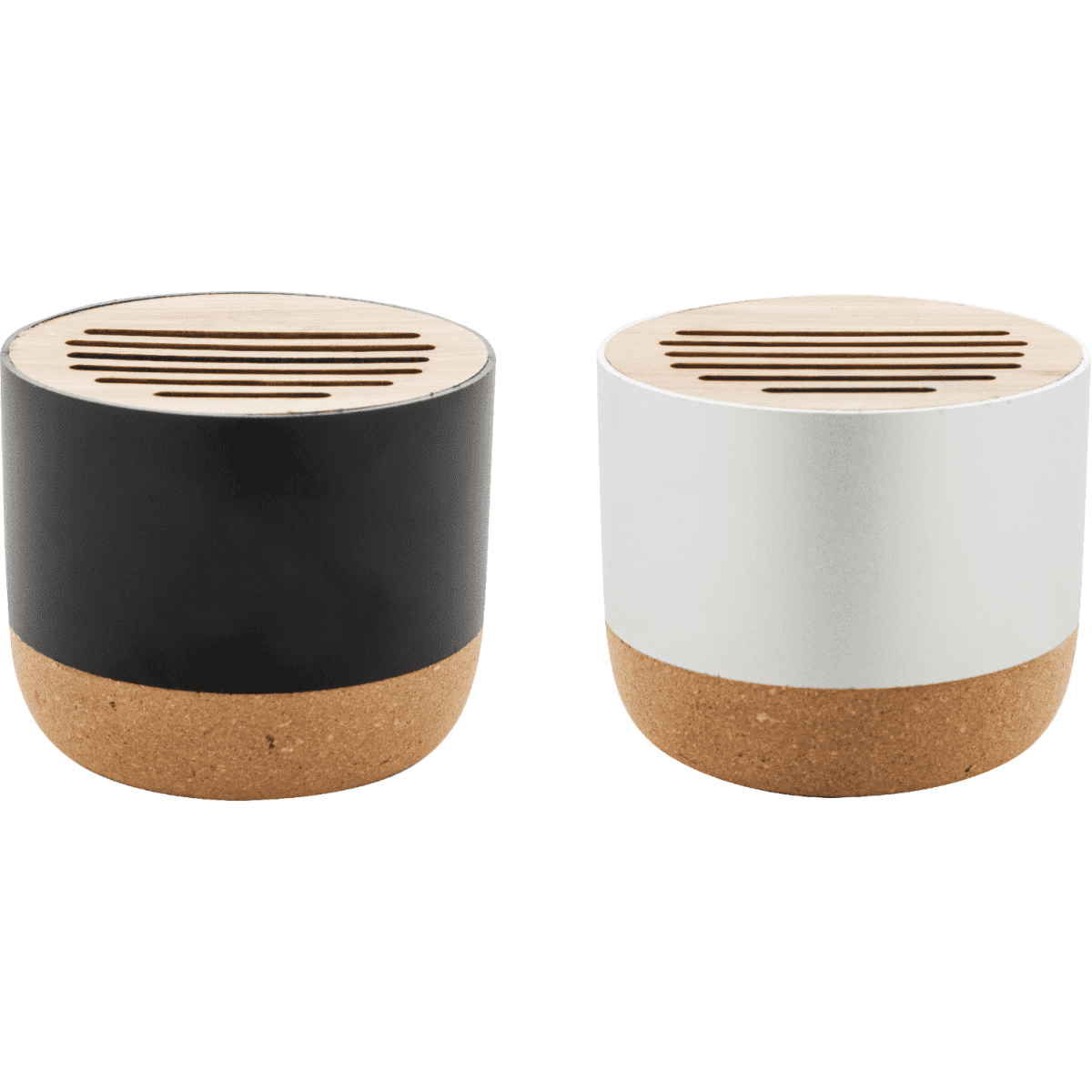 Two wireless speakers in black and white, featuring a cork base and a slotted wooden top, each with a logo.