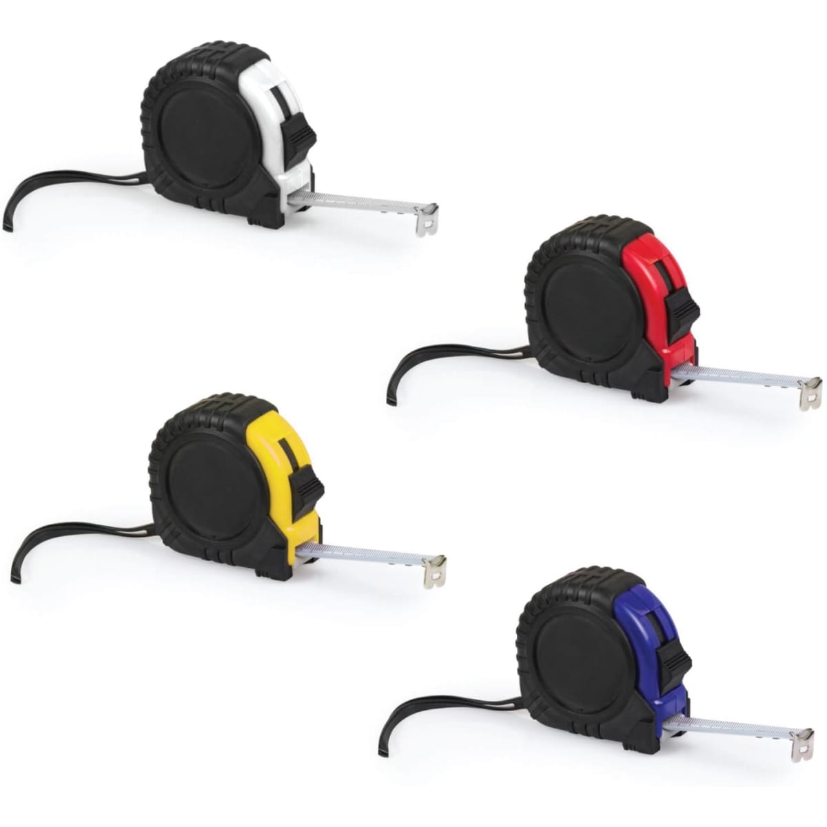 A set of four rubber-coated flexometers in white, red, yellow, and blue, with a black casing and measuring tape.