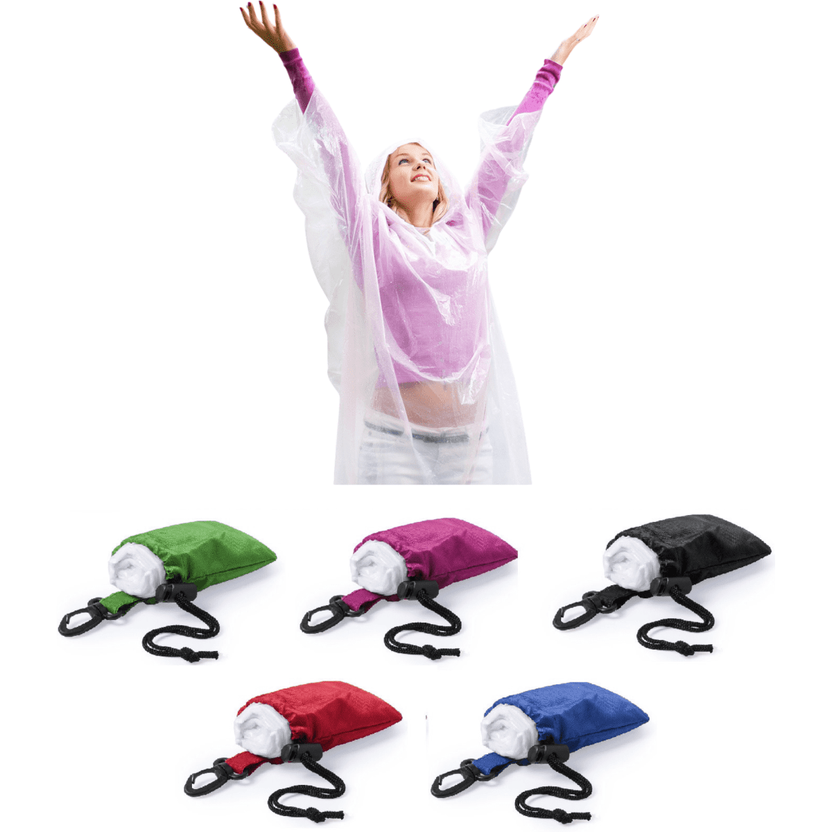 A woman in a clear poncho raises her arms, with folded ponchos in green, purple, black, red, and blue below.