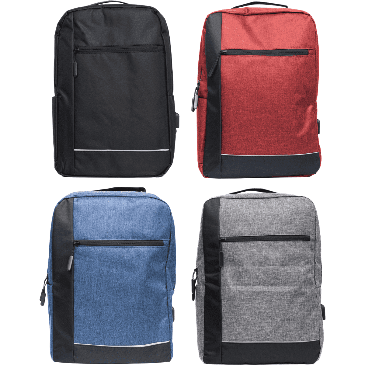 A collection of Axis Backpacks in black, red, blue, and grey, featuring a logo and zippered compartments.