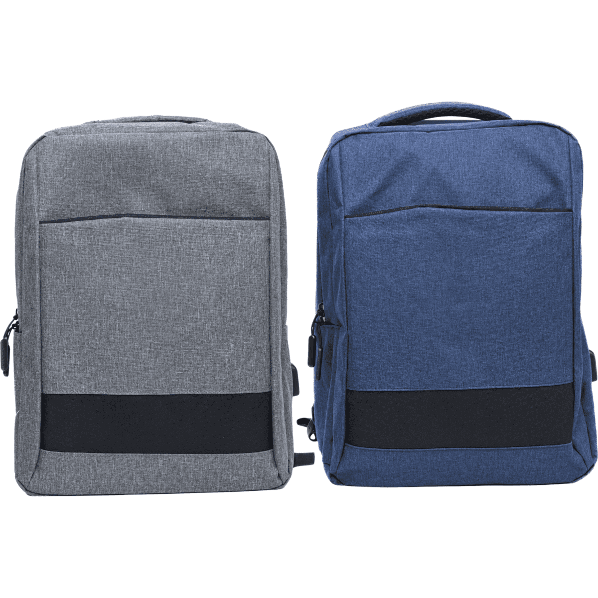 Two Slate Backpacks are displayed, one in grey and the other in navy blue, each featuring a front pocket and a top handle.