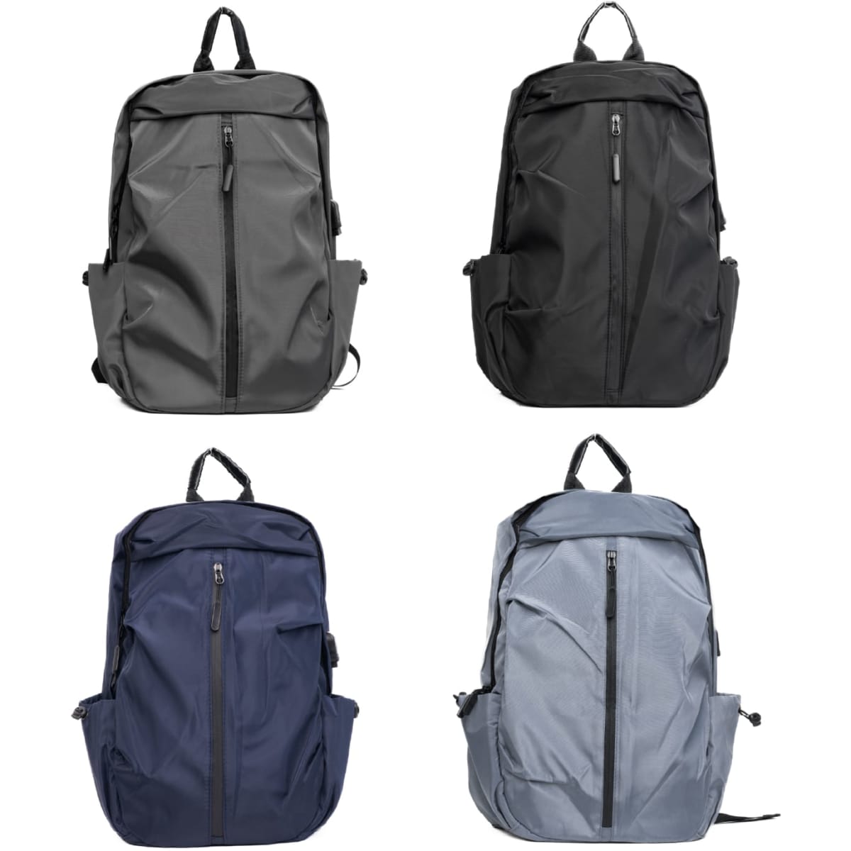 A collection of four backpacks in grey, black, navy, and light grey, each featuring a front zipper and branding.