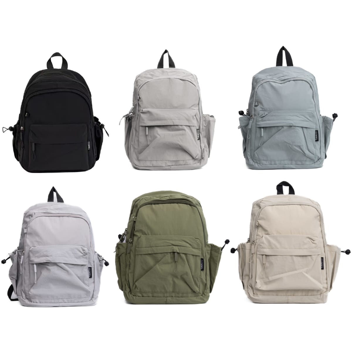 A collection of six Mono Backpacks in black, grey, light grey, olive green, and cream, featuring various pockets and a logo.