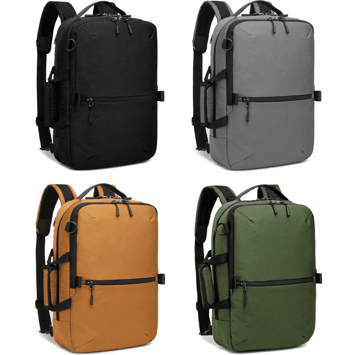 A collection of Zurich Document Backpacks in black, grey, orange, and green, each featuring a logo and multiple compartments.