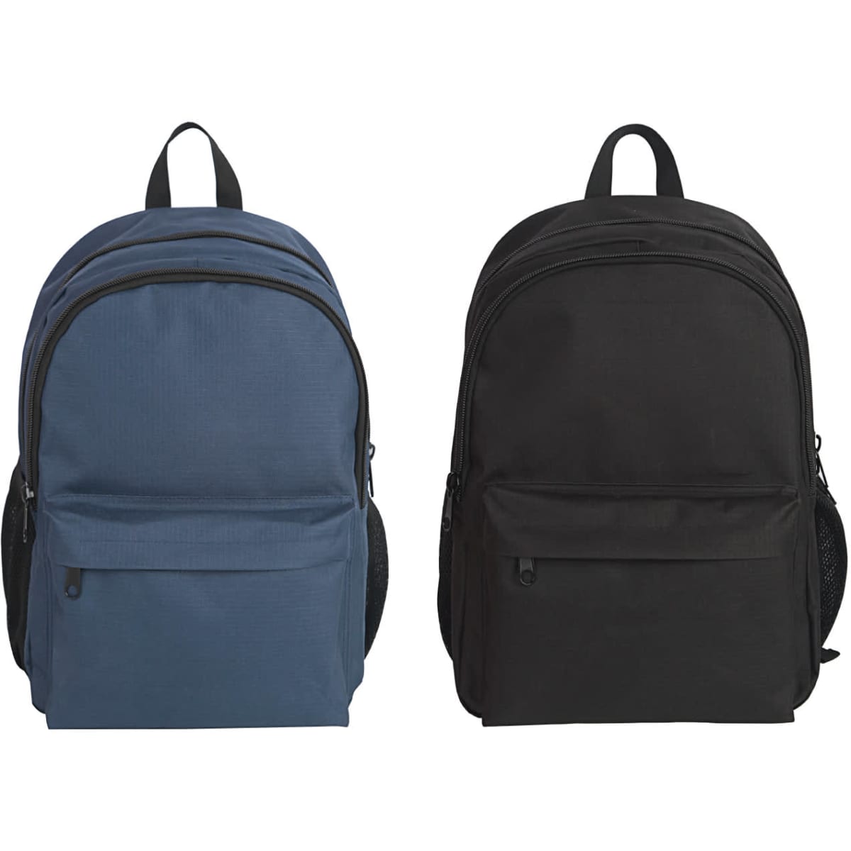 A blue backpack and a black backpack, both featuring a front pocket and shoulder straps. Each has a logo.