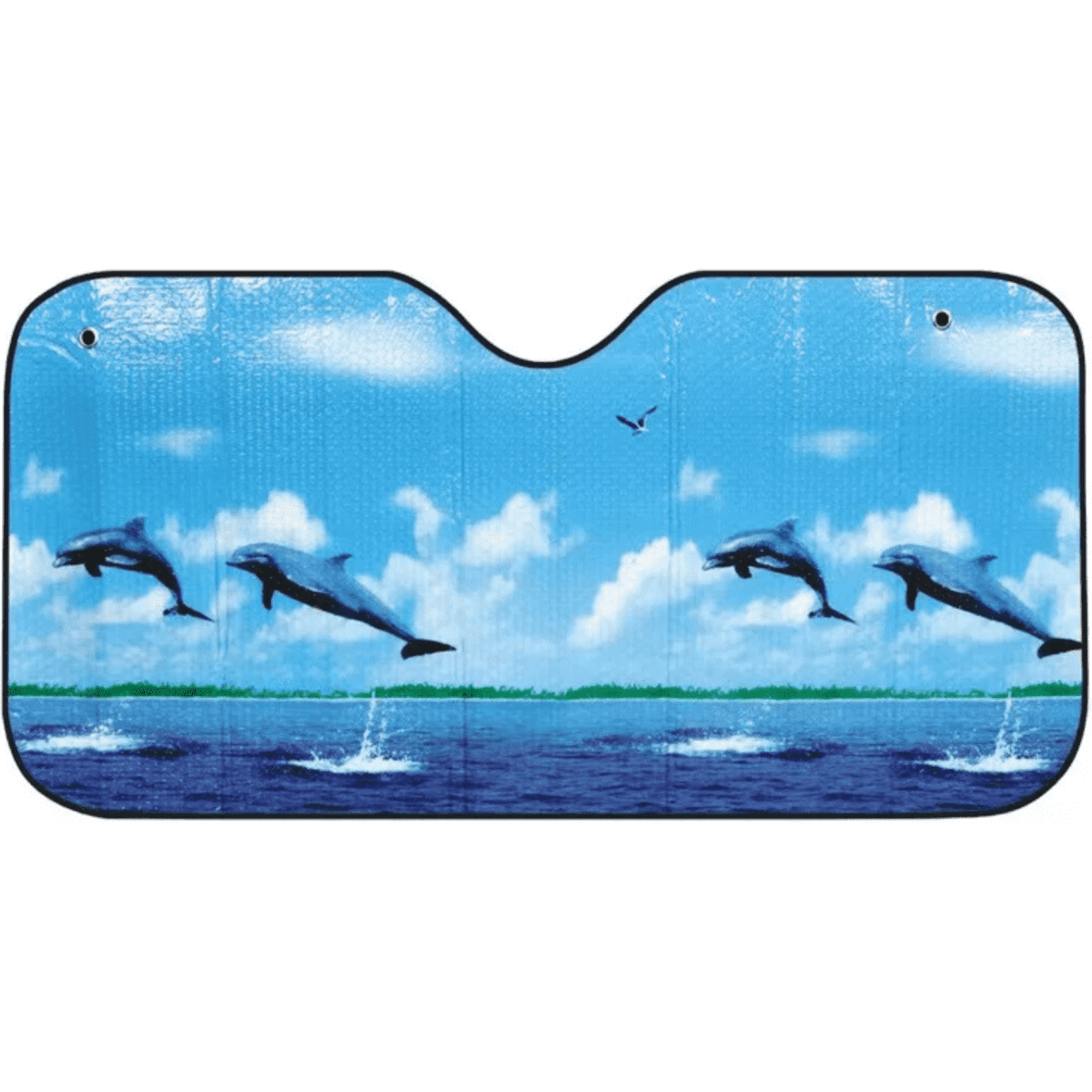 A foldable car sunshade featuring a vibrant blue ocean scene with dolphins leaping against a sky backdrop.
