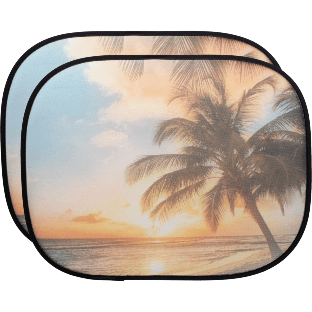 A pair of car sunshades featuring a colourful beach scene with palm trees and a sunset. Each shade has a black border.