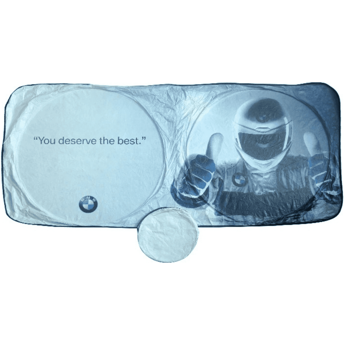 A foldable car sun visor featuring a blue and white design, with a logo and an illustration of a helmeted figure giving a thumbs up.