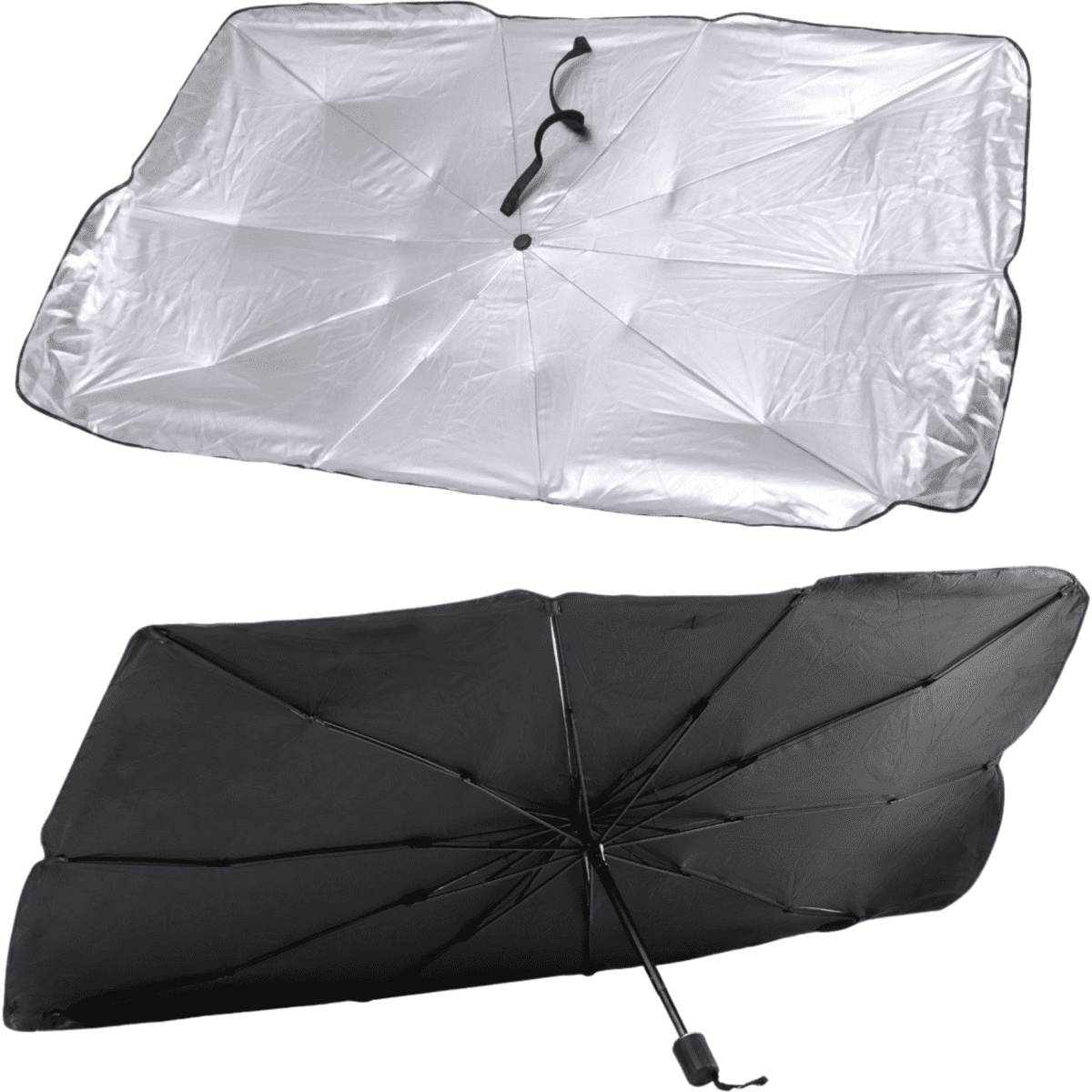 An umbrella sunshade featuring a silver side and a black underside, showcasing a collapsible design and sturdy structure.