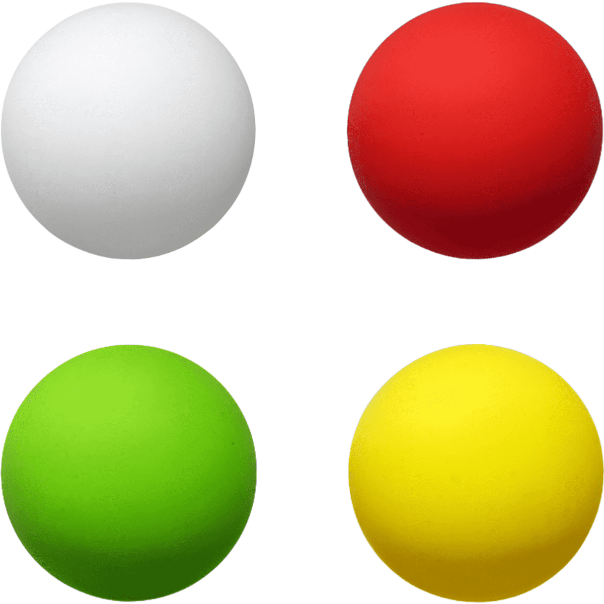 Bouncy Ball set featuring four vibrant balls in white, red, green, and yellow, each with a smooth surface and a logo.