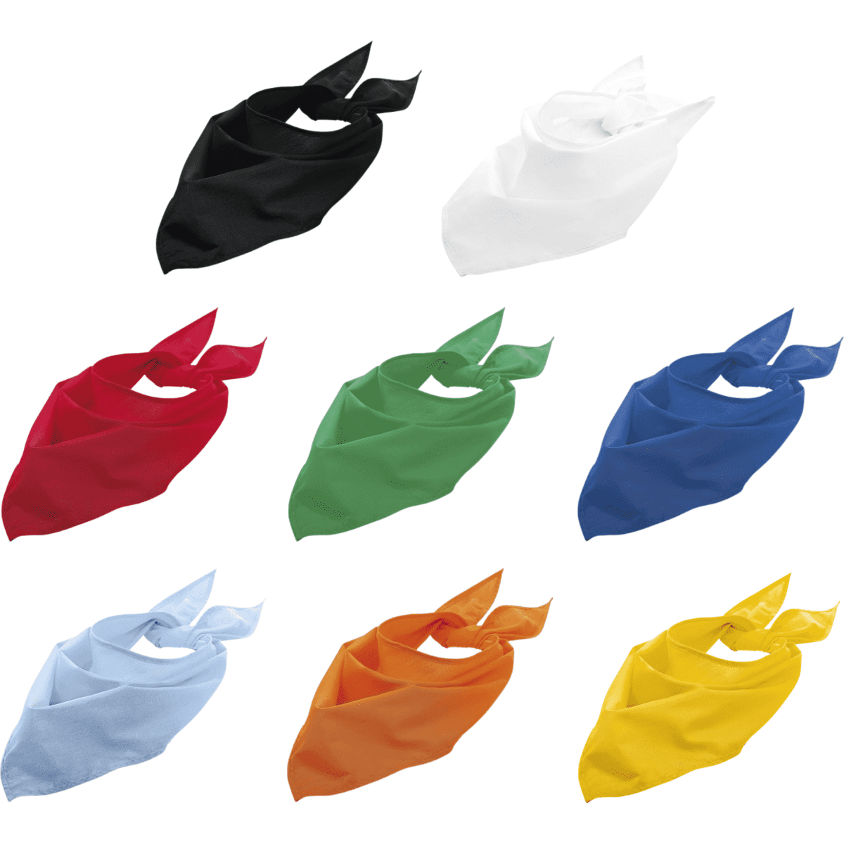 A collection of triangular bandanas in black, white, red, green, blue, light blue, orange, and yellow, each with a logo.