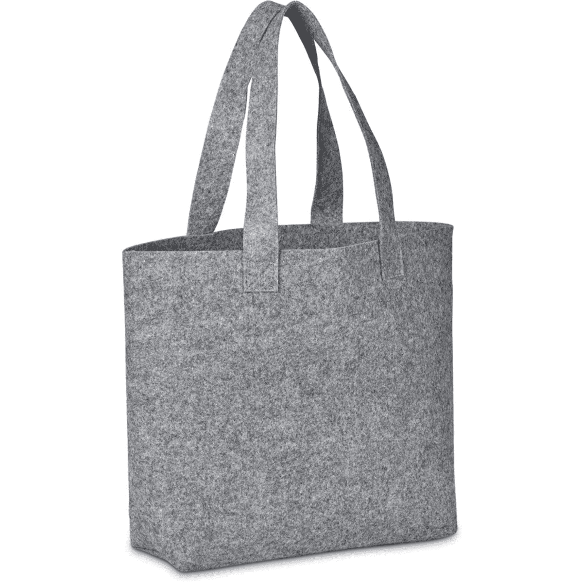 A grey felt shopper bag with two handles and a logo. The bag has a simple, structured design.