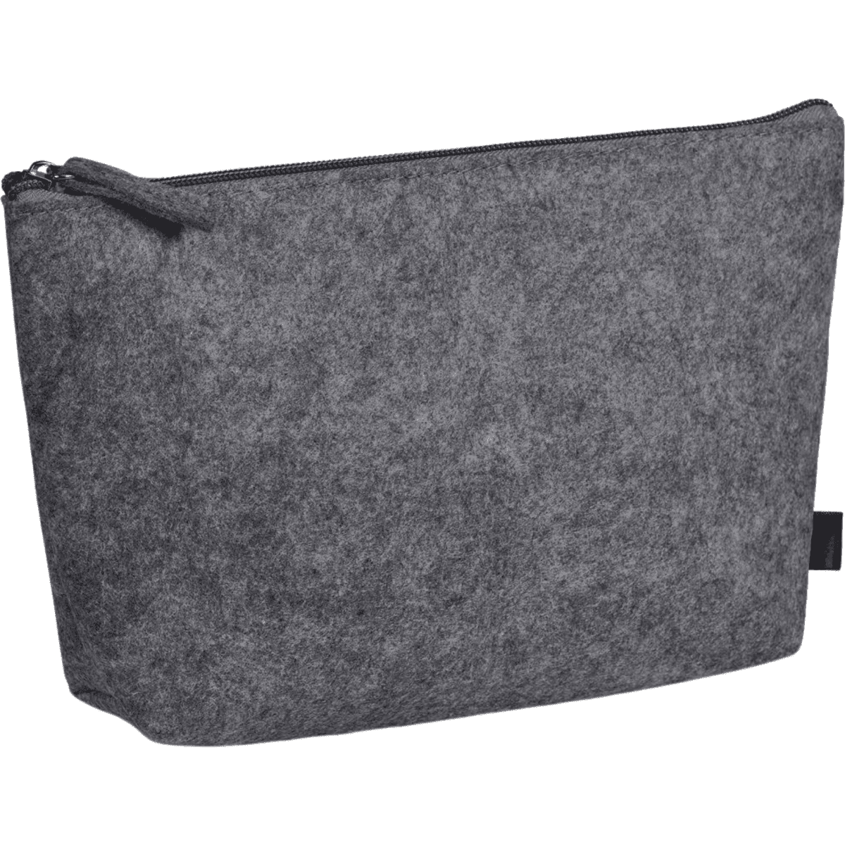 A grey RPET felt mini cosmetic bag with a zip closure and a small logo on the side.