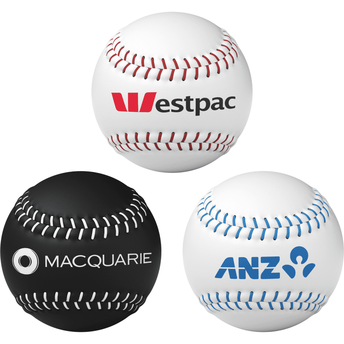 A set of three baseballs: one white with red stitching, one black, and another white with blue stitching, each featuring a logo.