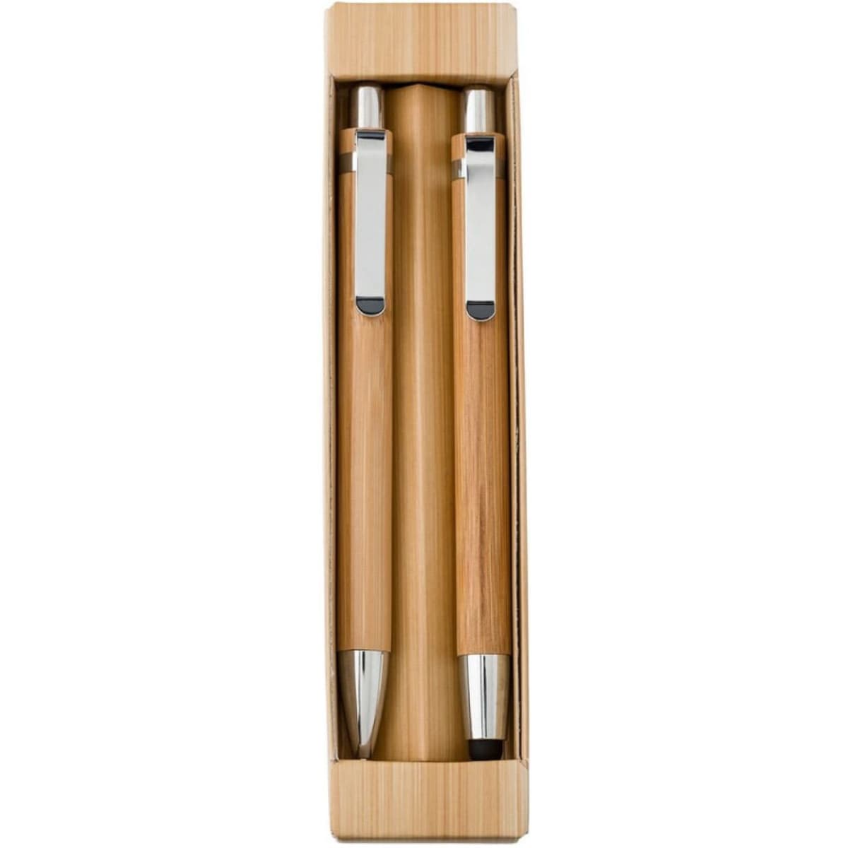 A bamboo writing set featuring a ball pen, touch pen, and mechanical pencil, all in a bamboo presentation box.