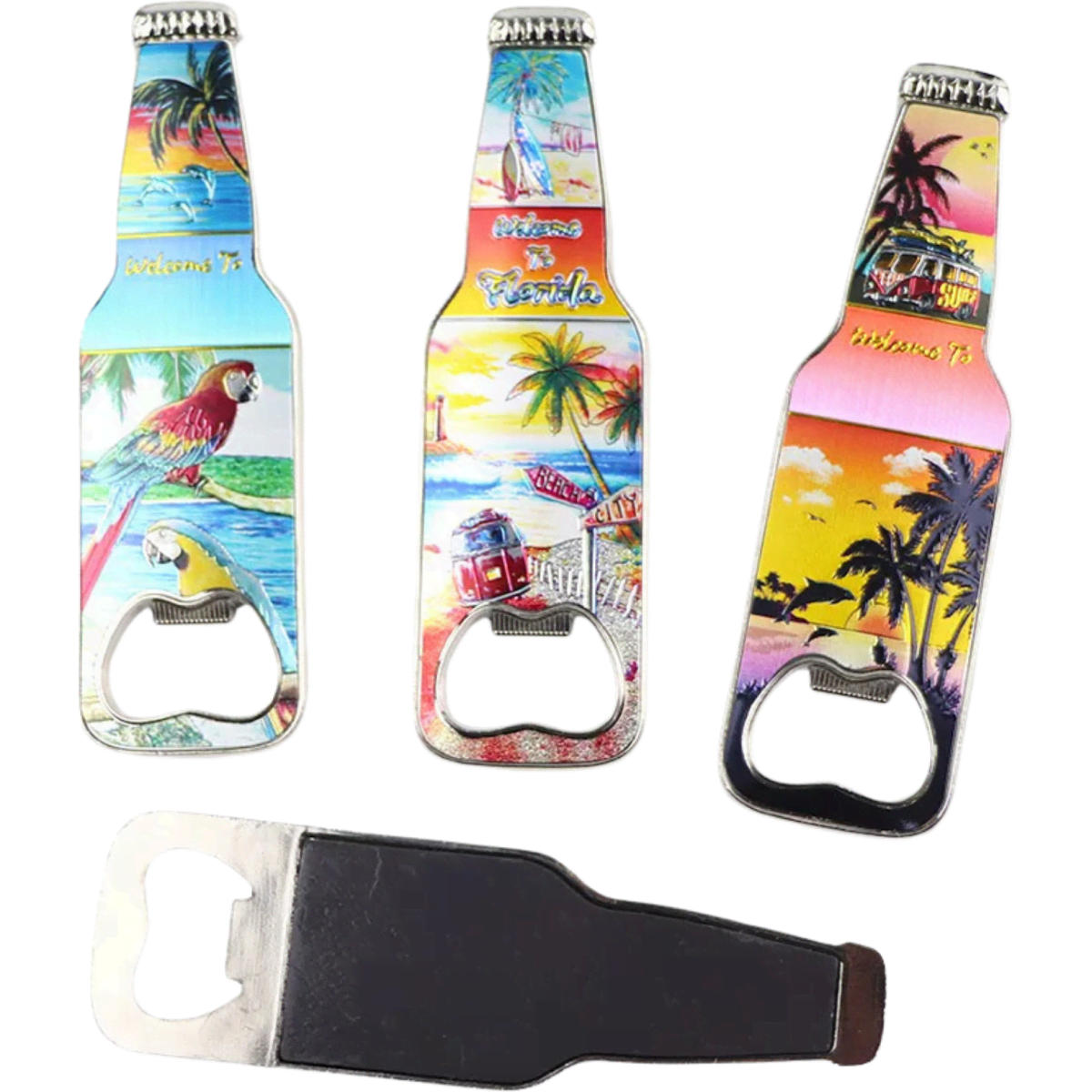 A drink bottle opener in a bottle shape featuring vibrant designs of tropical scenes, including birds, beaches, and palm trees.