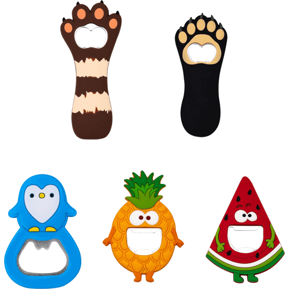 A collection of custom shaped PVC bottle openers in various colours: raccoon, paw, penguin, pineapple, and watermelon.