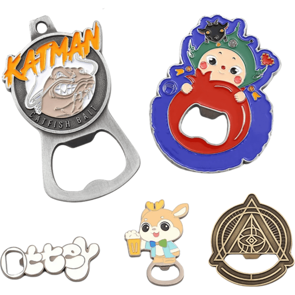 A drink bottle opener set featuring various custom designs, including metallic and enamel finishes in multiple colours.