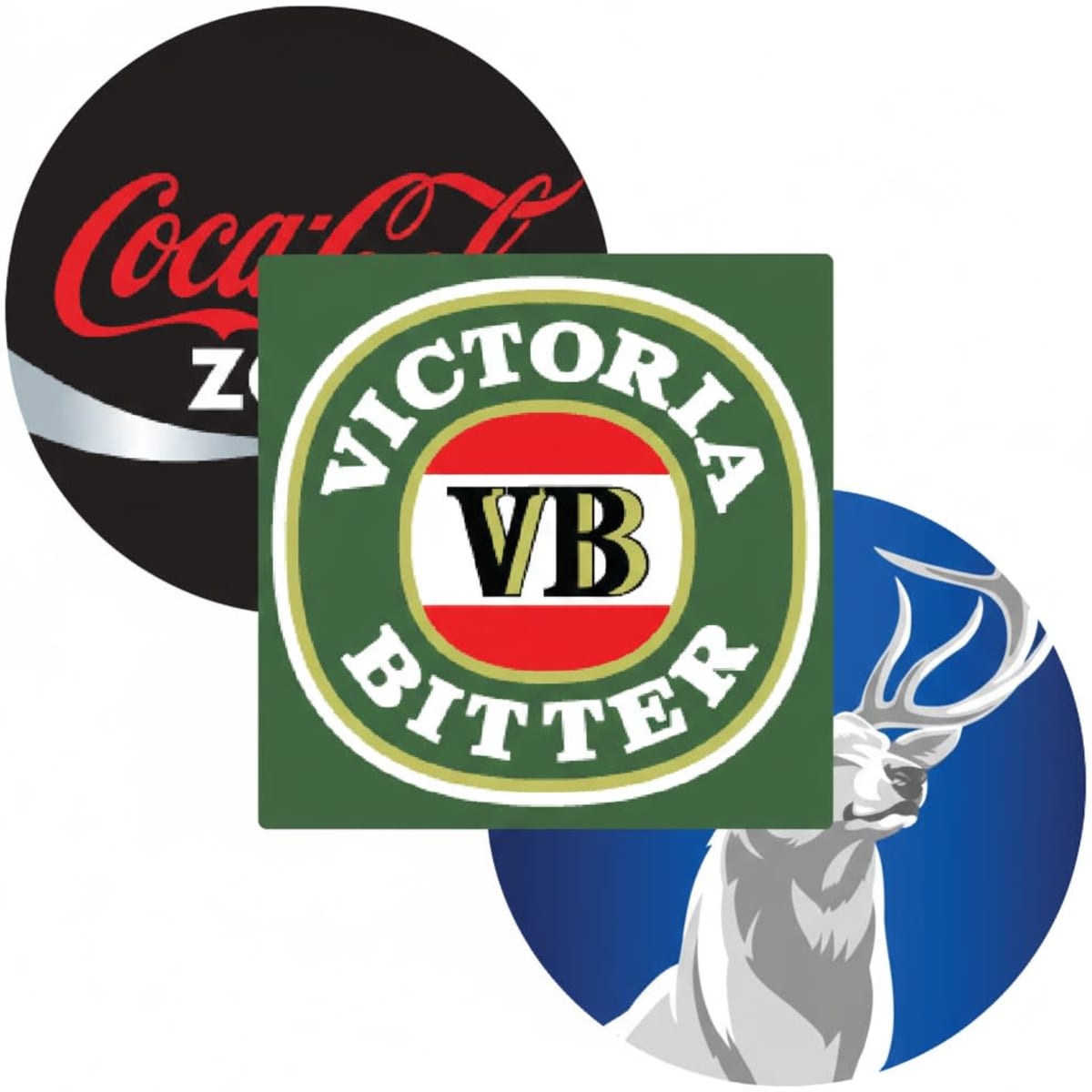 Three round coasters featuring designs: one green with 'Victoria Bitter', one black with a logo, and one blue with a deer.