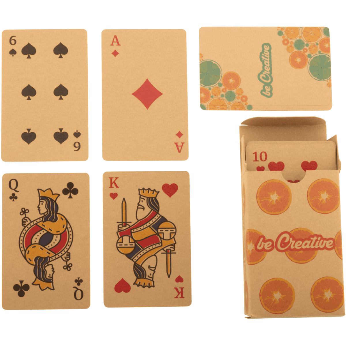 Custom playing cards featuring a beige colour with black and red designs, packaged in a matching box with a logo.