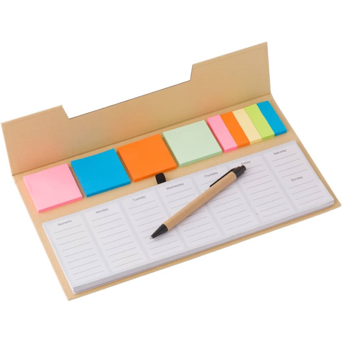 A Malta memo holder in beige with sticky notes in various colours and a pen on a weekly planner pad.