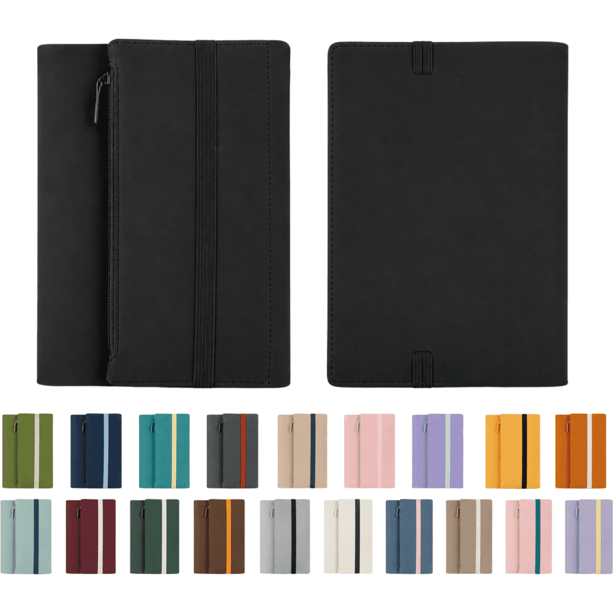 A black soft-touch PU leather notebook with a zippered pocket, available in various colour options. Features a logo.