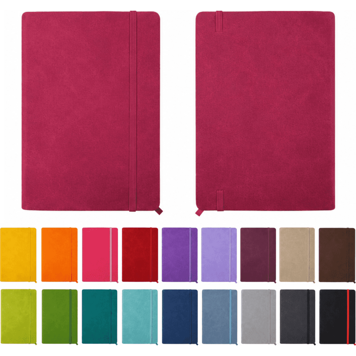 A textured PU hard cover notebook in pink, with additional colour options displayed below. Features an elastic closure.