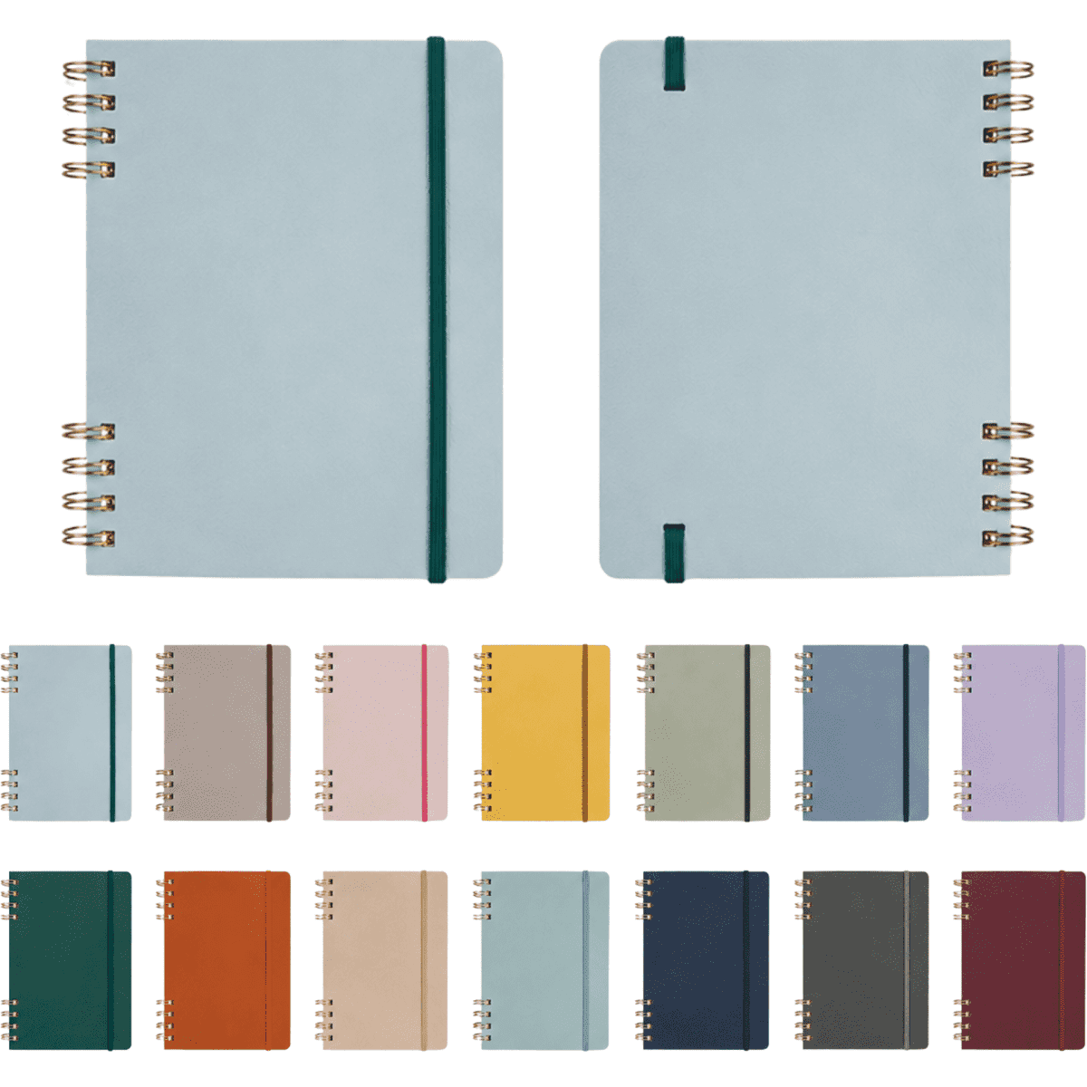 Twin-Spiral PU hardcover notebooks in various pastel and bold colours, featuring a green elastic band and metal spirals.