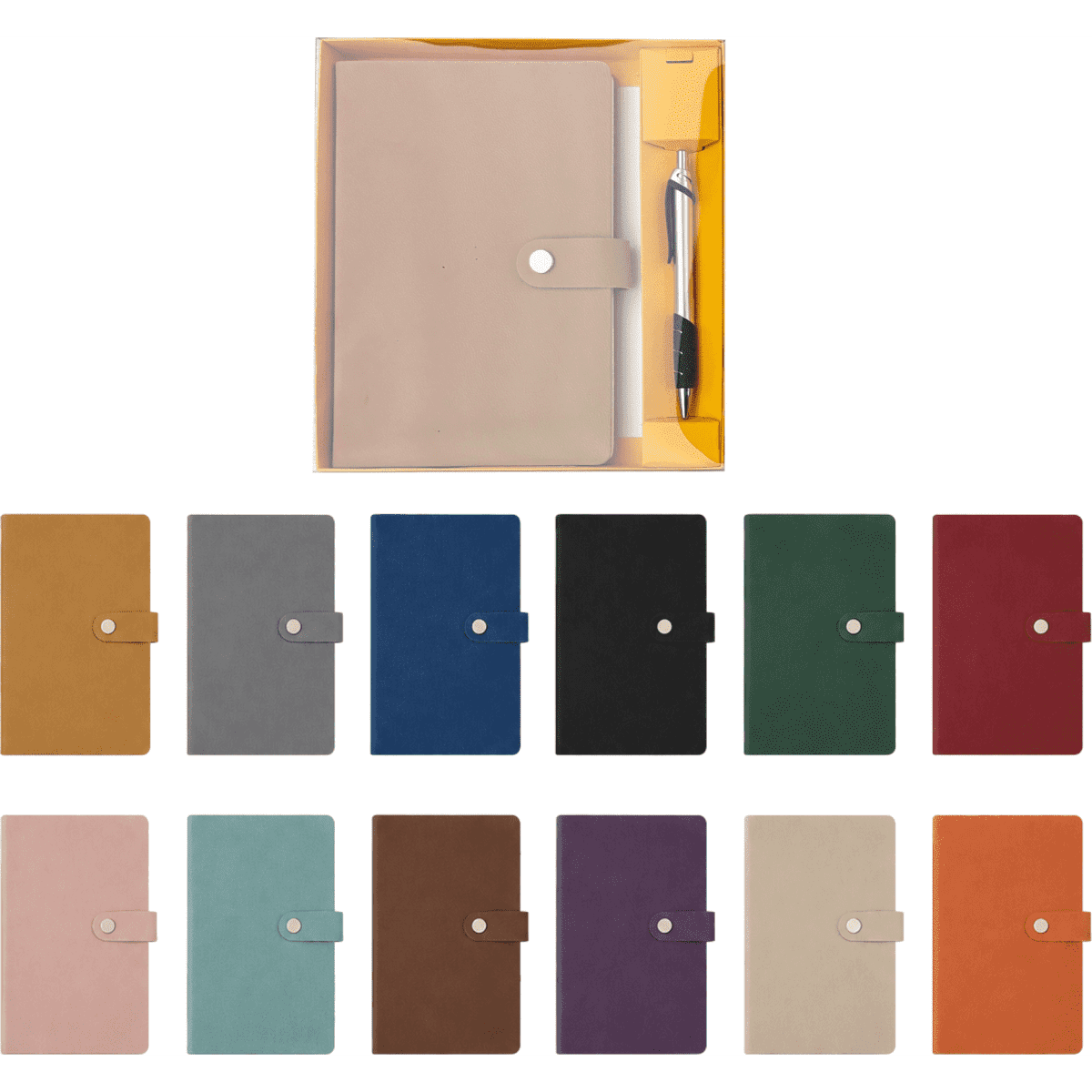 A gift set featuring a hardcover notebook in various colours and a pen, presented in a box with a yellow interior.