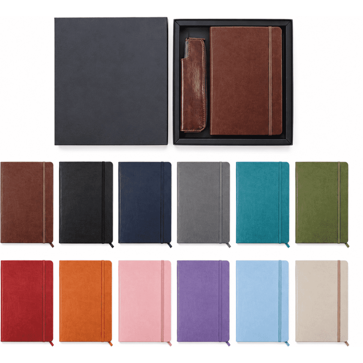 A signature soft cover notebook gift set in various colours, including a matching pen pouch, presented in a black box.
