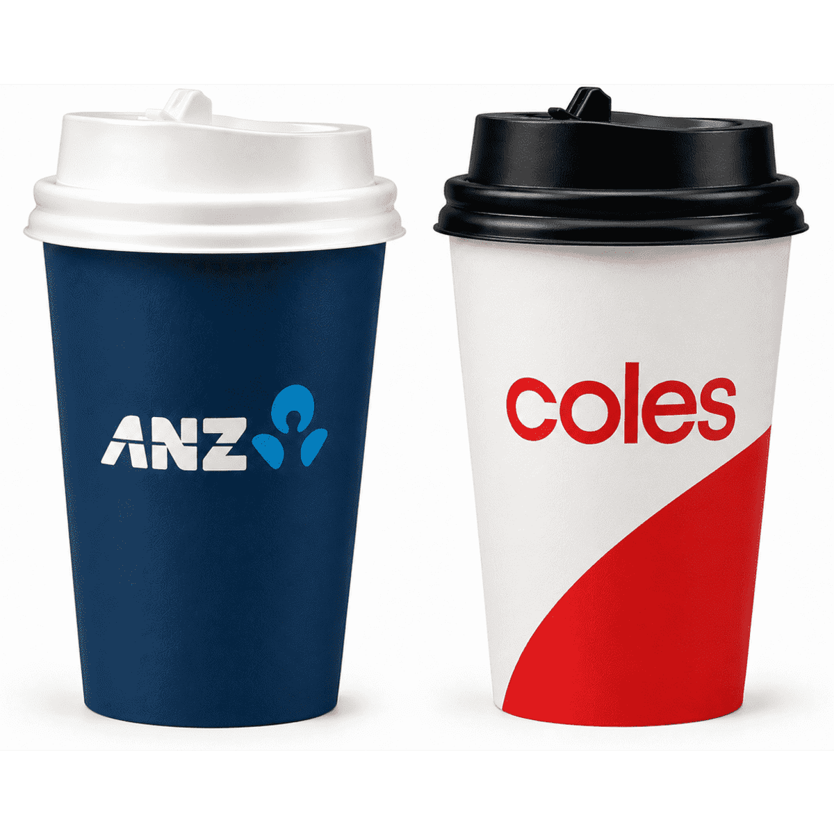Two single-walled paper cups, one navy blue with a logo and one white with red accents, featuring branding.