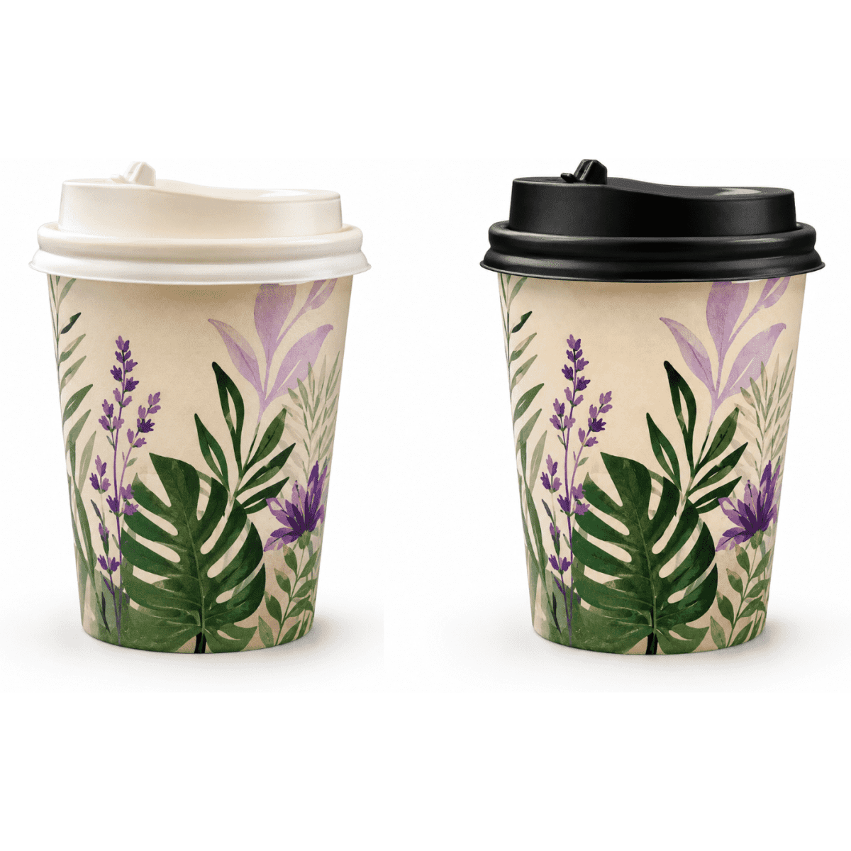Two single-walled paper cups, one with a white lid and one with a black lid, featuring floral and leafy designs.