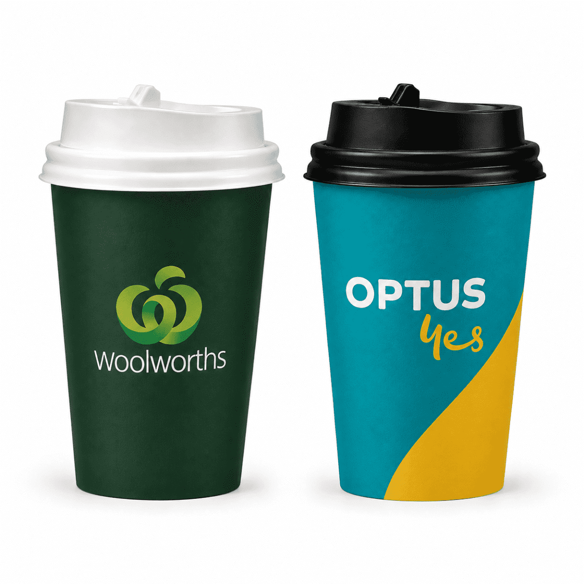 A set of two single walled paper cups, one green with a logo and one teal with yellow accents and a logo.