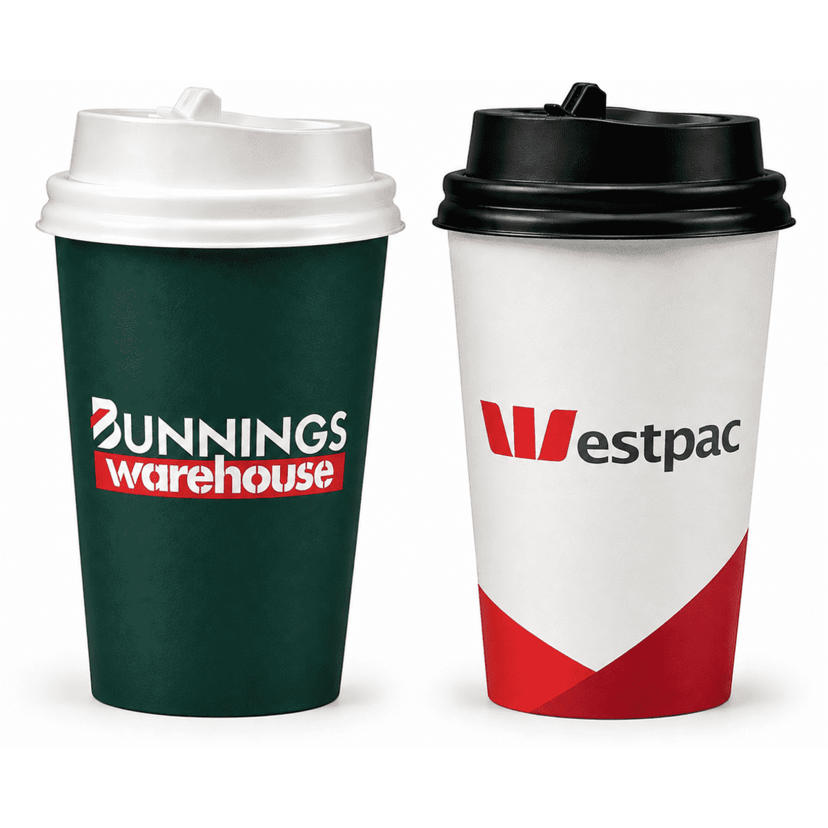 Two single walled paper cups, one green with a logo and one white with red and black accents, both with lids.