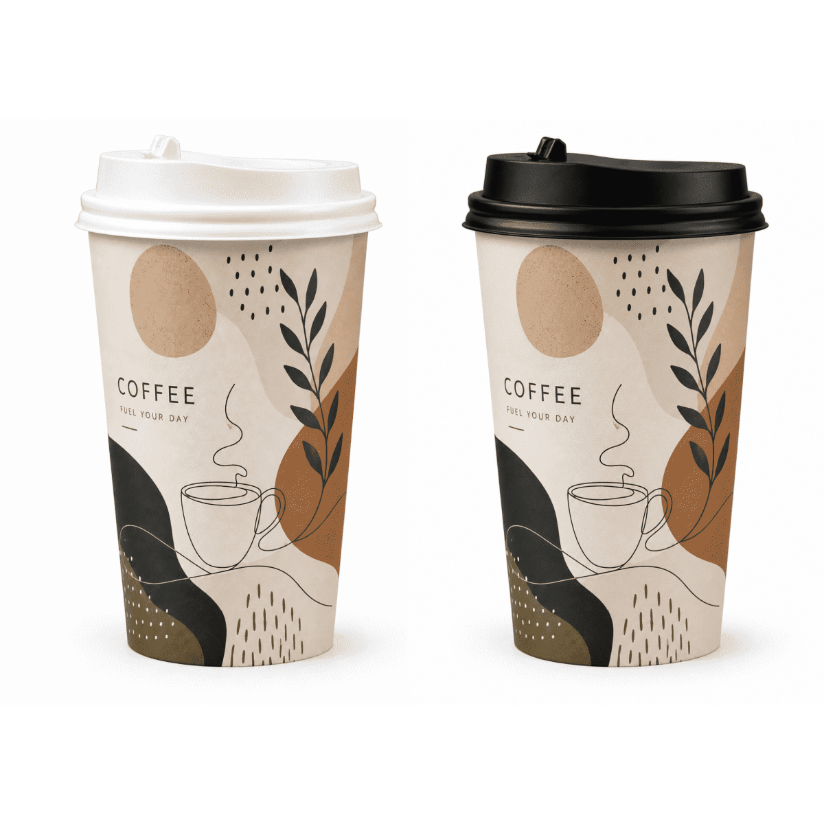 Two single-walled paper cups, one white lid and one black lid, with a decorative design in earthy tones.